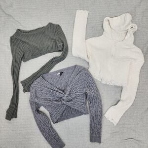 Lot of 3 Cropped Sweaters Size S/M Mesh Cable Knit Zip Up Gray White Grunge Punk